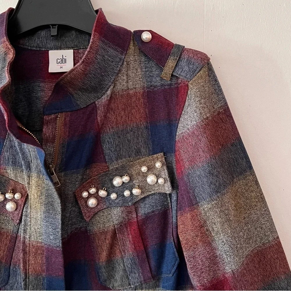 Cabi Plaid Collage Zip Front Jacket with Pearl Embellishment Style 3555 Medium